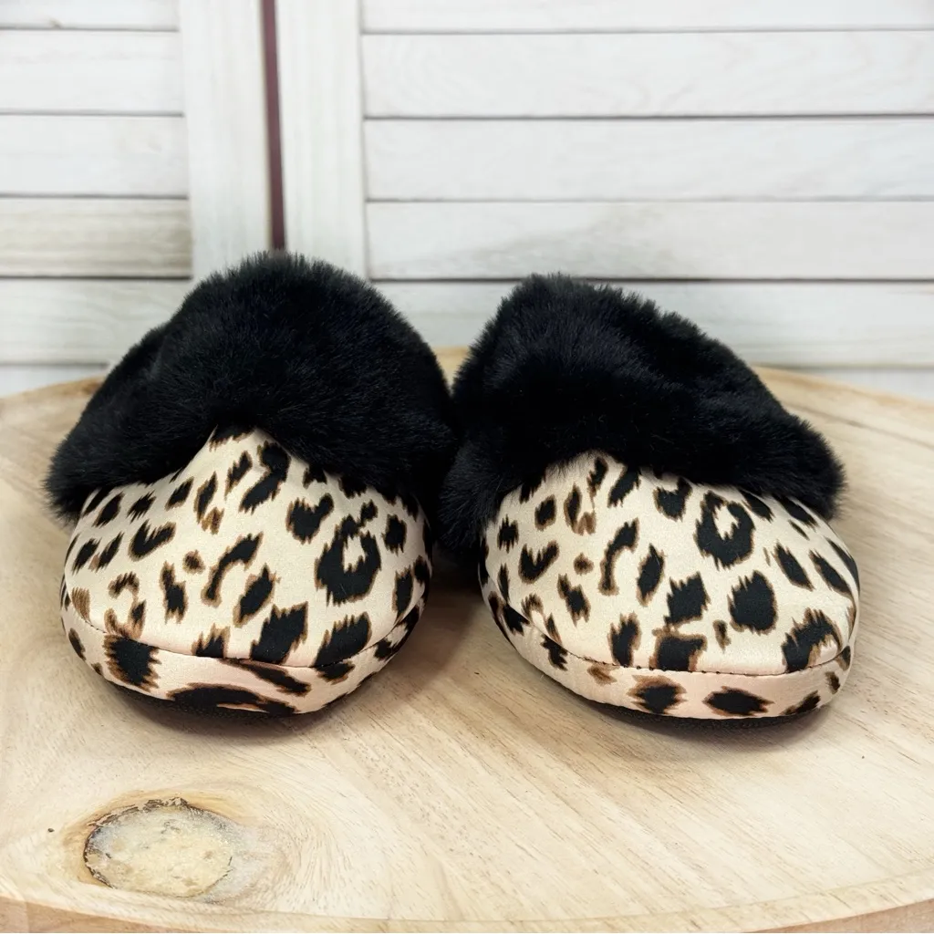 Victorias Secret Leopard Print Faux Fur Trim Satin Slippers Tan Black Medium - Image 3