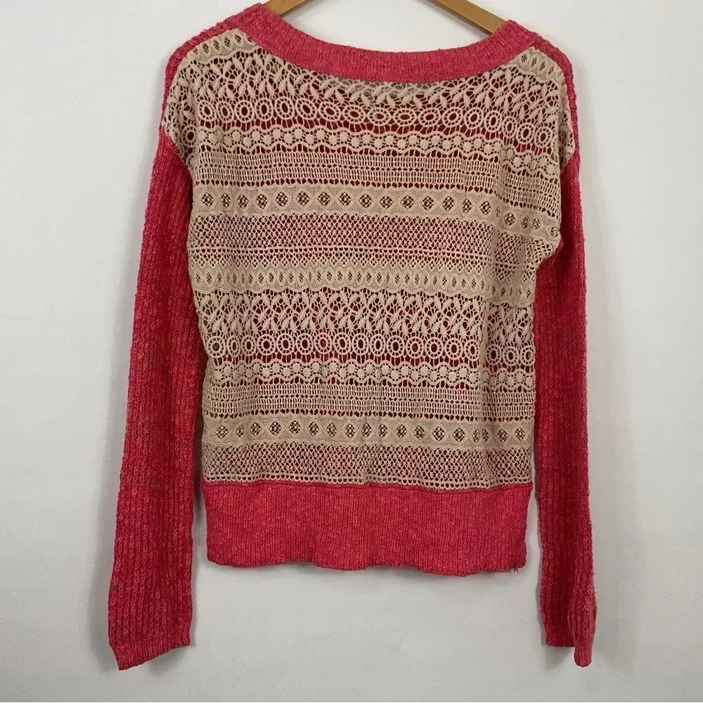 Free People Sweet Jane Strawberry Pink Crochet Sweater Size XS‎ - Image 4