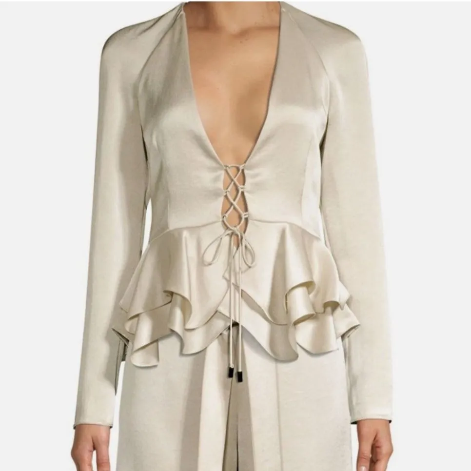 Alexis Reagan Lace-Up Ruffle Peplum Satin Blouse Womens M Top Romantic Coquette - Image 3
