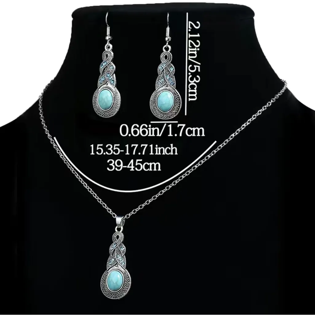 Bohemian turquoise Inlaid necklace & earrings set faux fashion jewelry‎ - Image 6