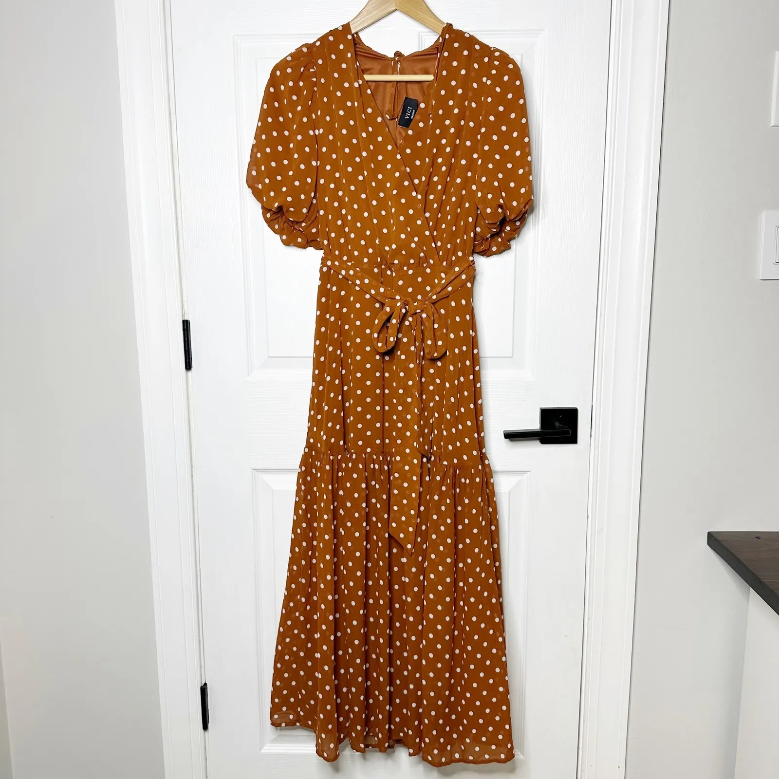 Vici Wrap Midi Dress Rust Brown Polka Dot Ruffle Hem‎ Short Sleeve Women's - Image 2