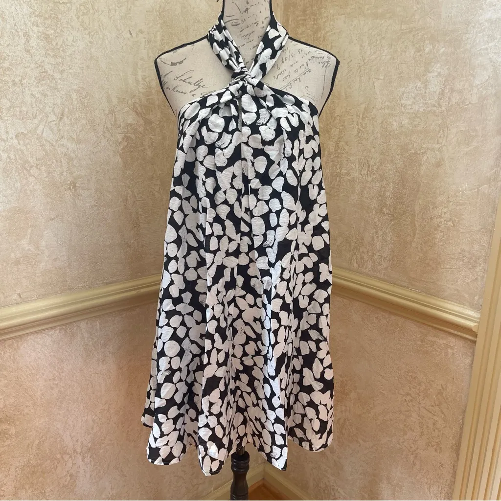 Mango Black And White Floral Print Halterneck Swing Lightweight Dress Size 10 - Image 5