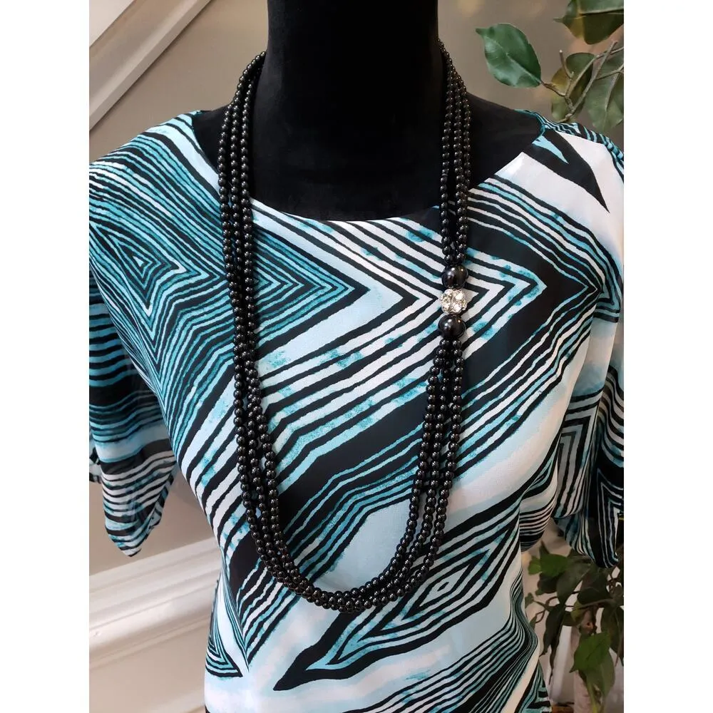 Dana Buchman Blouse Women S Teal Black White Abstract Print Sheer Overlay Top - Image 4