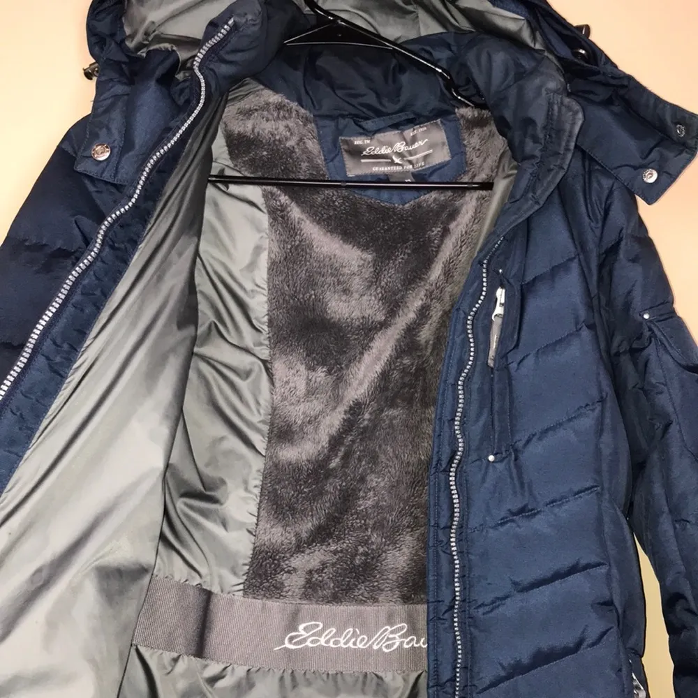 Eddie Bauer Women’s Goose Down Puffer Navy Blue Long Line Winter Snow Jacket - Image 8
