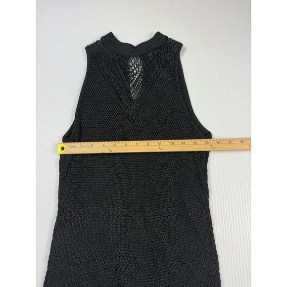 Black Knit Sleeveless Mock Neck‎ top Crochet Mesh See Through Party Cocktail - Image 2