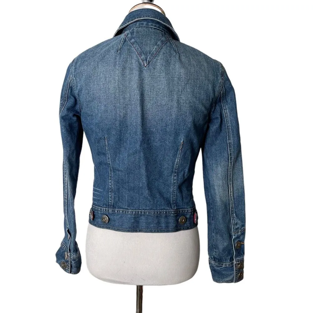 Tommy Hilfiger Jean Jacket Women S Blue Denim Distressed logo Button‎ Pockets - Image 5
