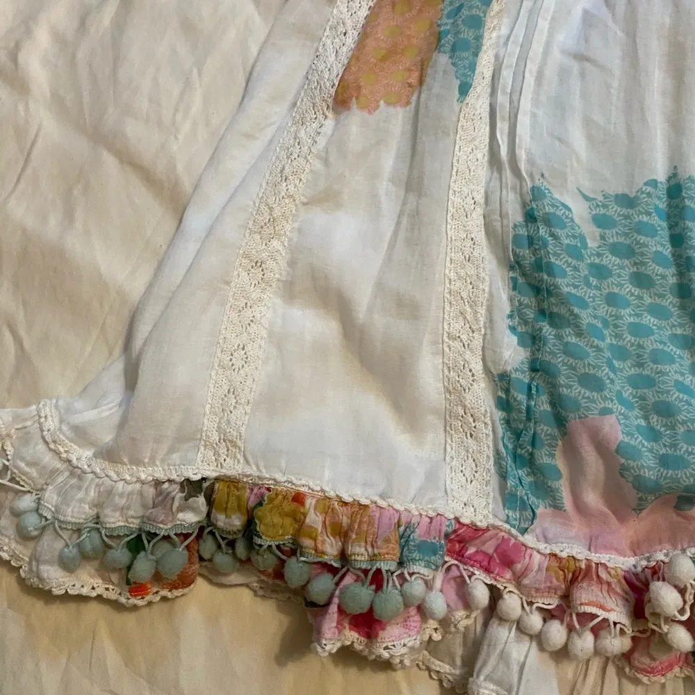 White‎ Ruffled Patchwork Sundress with Spaghetti Pom Pom Straps and Ruffle Sz S White - Image 2