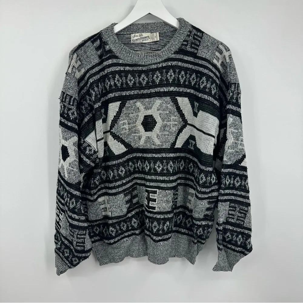 90s Vintage Grandpa Sweater Size XL Geometric Comfy Baggy Academia Black - Image 2