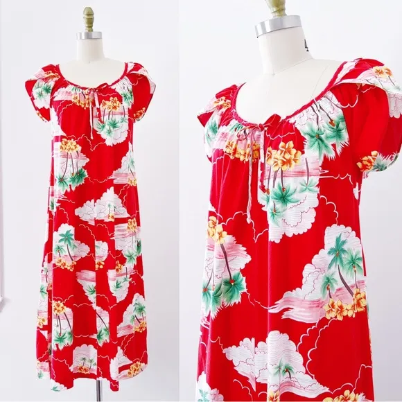 vintage • Hilo Hattie’s 70s Hawaiian dress red cotton midi muumuu palm tree - Image 2