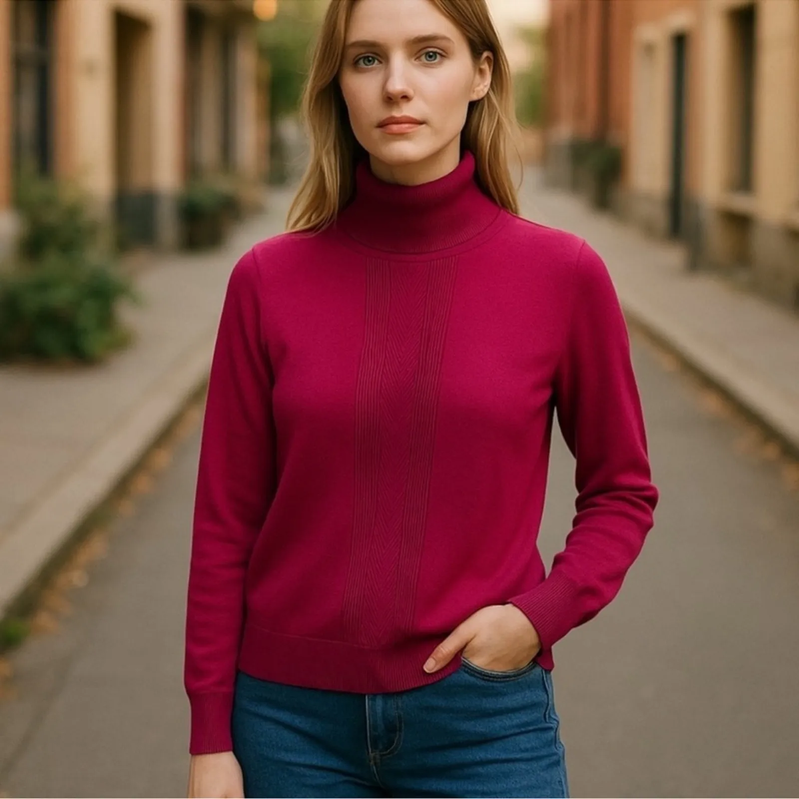 Tommy Hilfiger Magenta Turtleneck Sweater Button Cuff Size L Retro - Image 13