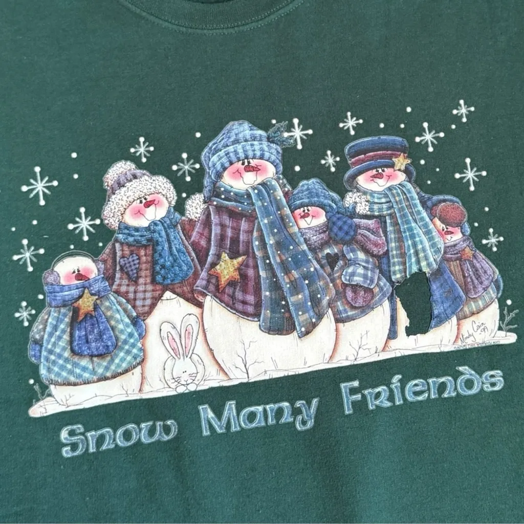Vintage Y2K Snow Many Friends Mindy Cain Holiday Sweatshirt 2X | 1999 Winter - Image 2
