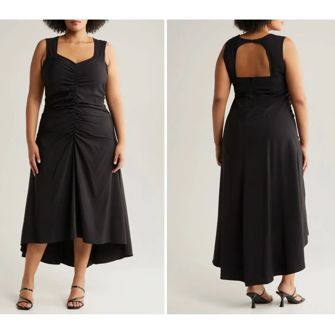 CHELSEA28 | Black Ruched High Low Cutout Back Midi Dress | 1X - Image 2