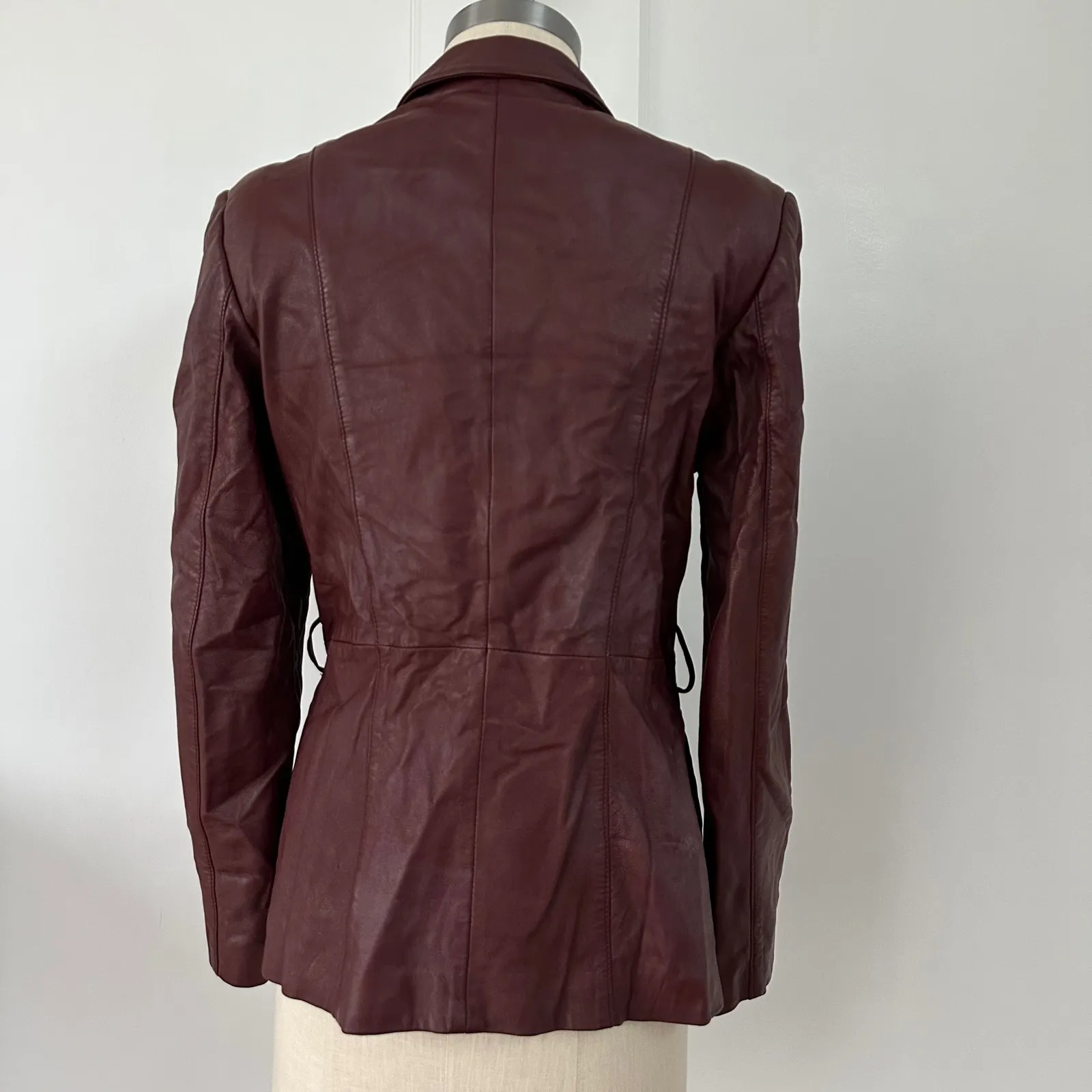 Kinaff Burgundy Leather Blazer Jacket XS Front Button Pockets Tailored Brown - Image 2