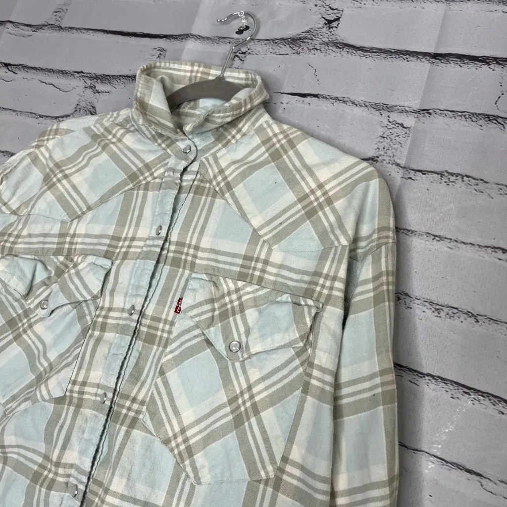 Levi’s Blue & Tan Plaid Western Button‑Up Shirt Sz S/P Casual Streetwear Over - Image 6