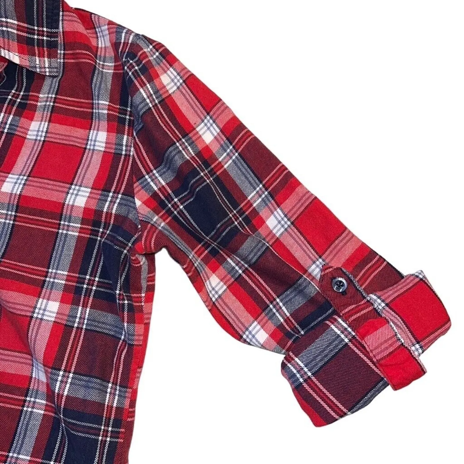 No Boundaries Womens Plaid Flannel Shirt Top Red Navy Blue Collared Long Sleeve - Image 5