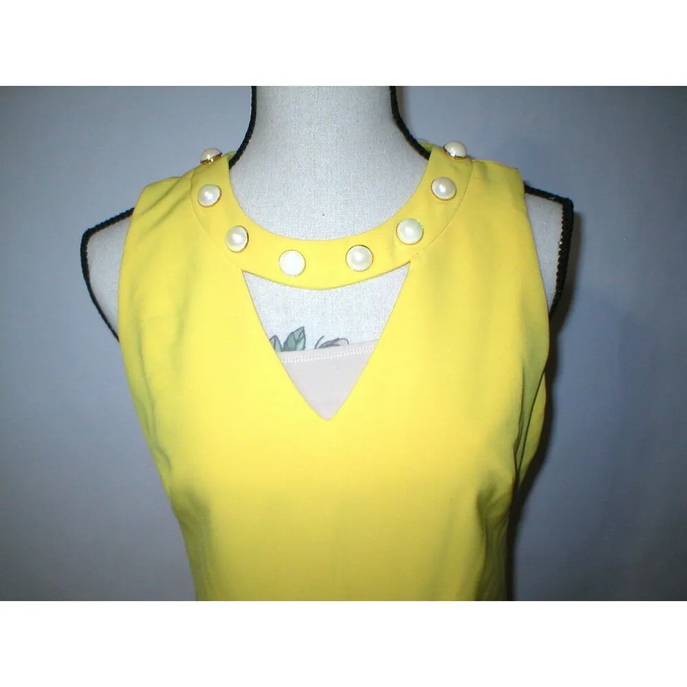 New Womens NWT $269 Taylor Dress 8 Sheath Yellow Pearl Jeweled Collar Sleeveless - Image 2