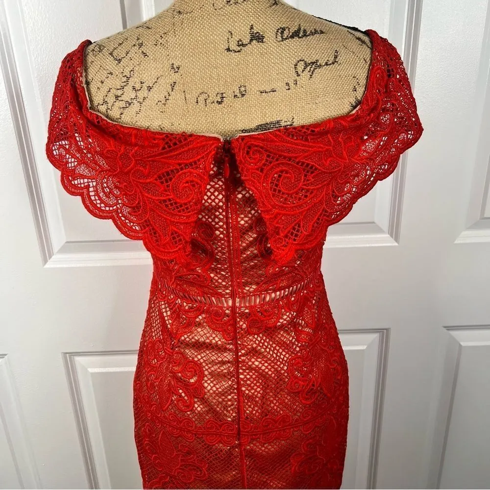 Sz S Stylestalker Stella Midi Off the Shoulder Red Lace Dress $241 MSRP - Image 6