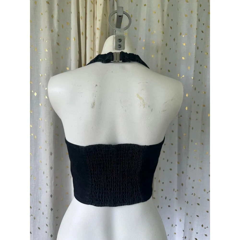 Hunter & Brown NWT Women's Denim Square Neck Halter Smocked Back Crop Top M Black Size M - Image 3