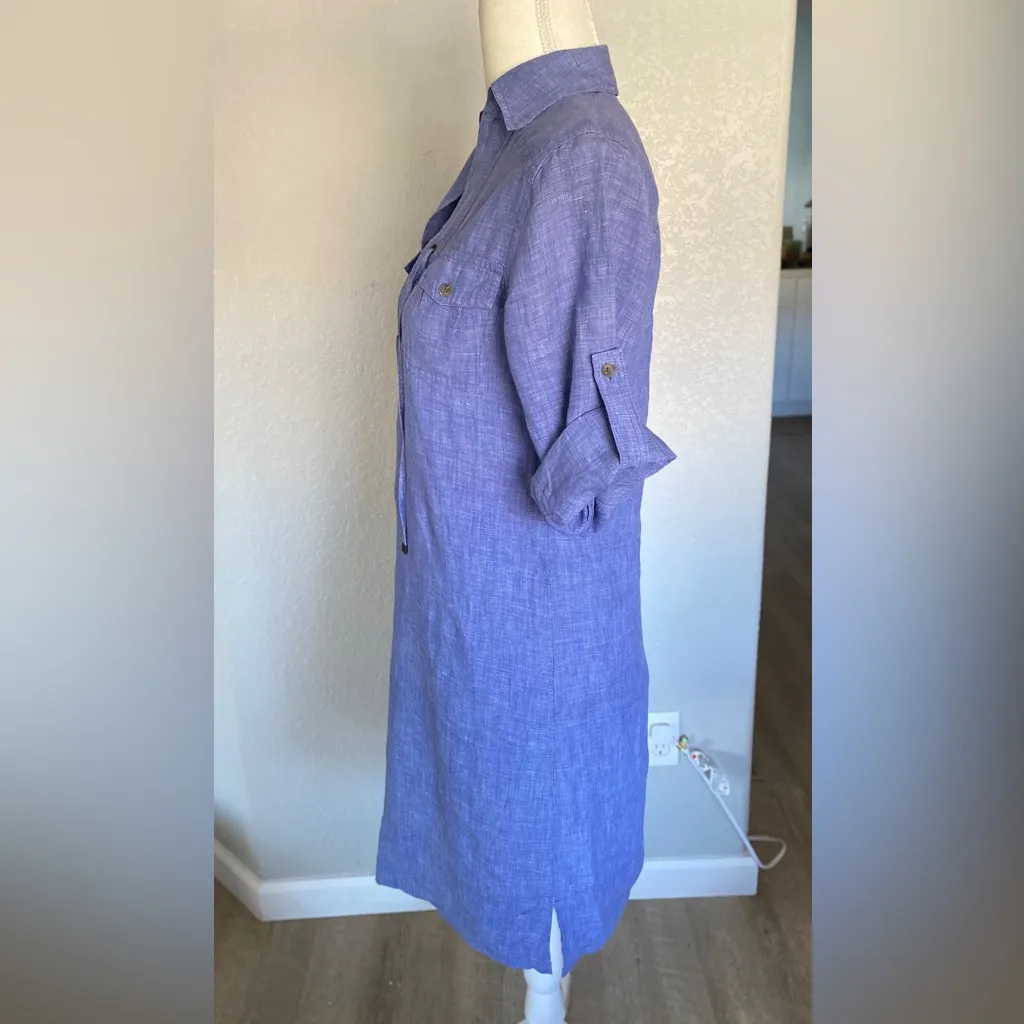 Tommy Bahama Blue Denim Chambray
Front Tie Roll Tab Sleeve Shirt Dress Sz XS - Image 4