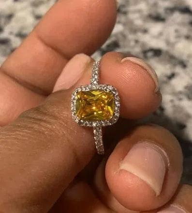 Yellow Stone Australian Crystal Square Stone Ring Dipped In White Gold!!! So Beautiful!!! Brand New!! - Image 2