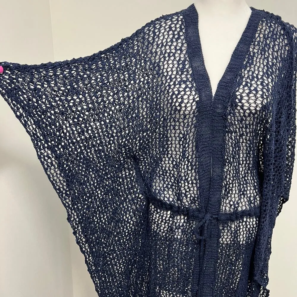 POL Duster Cardigan Cover Up Navy Blue Crochet Tie Waist Boho Indie Coastal Sz S - Image 7