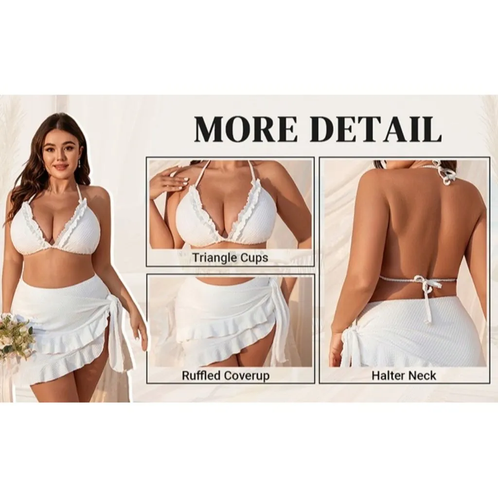 Black 3 Piece Plus Size 1XL Lettuce Trim Bikini Halter Triangle Swimsuit w/ Wrap - Image 7