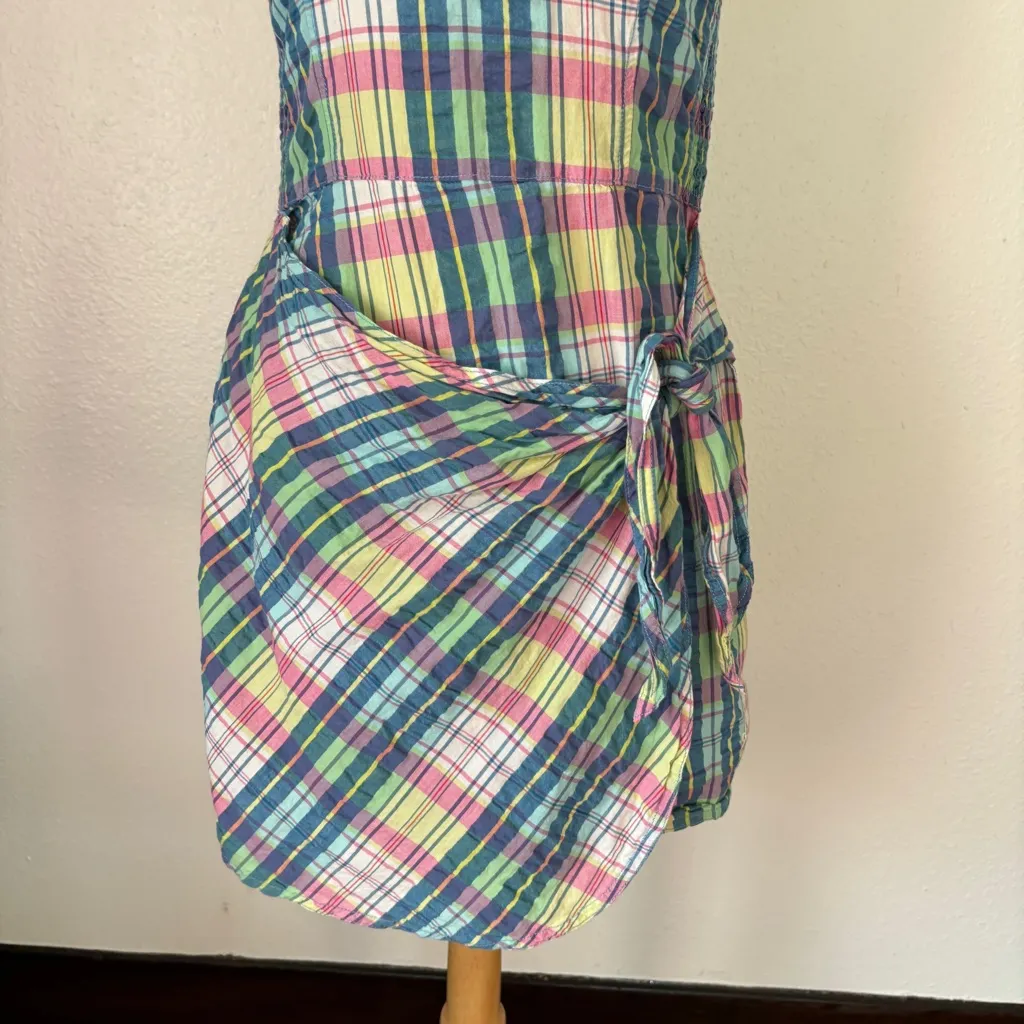 Vintage 90s Plaid Calvin Klein Sleeveless Smocked Wrap Dress - Image 6