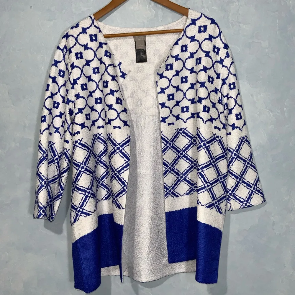 Chico’s Travelers Collection Blue & White Print Crushed Open Front Jacket 12/14 - Image 11