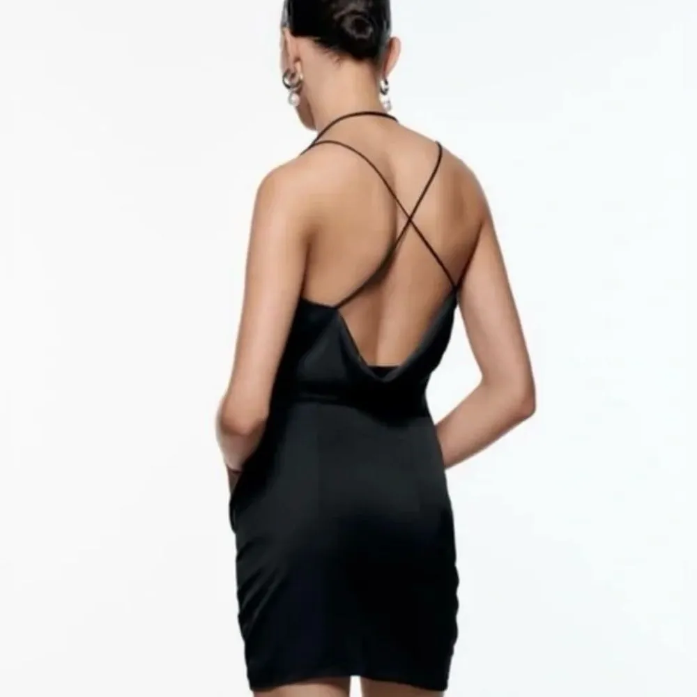 Zara Black Satin Effect Mini Draped Dressed Size Large - Image 2