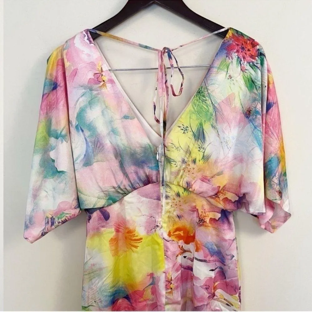 Aidan Mattox Satin Flared Short Sleeve Mini Dress Size 2 Pink Multicolor - Image 6