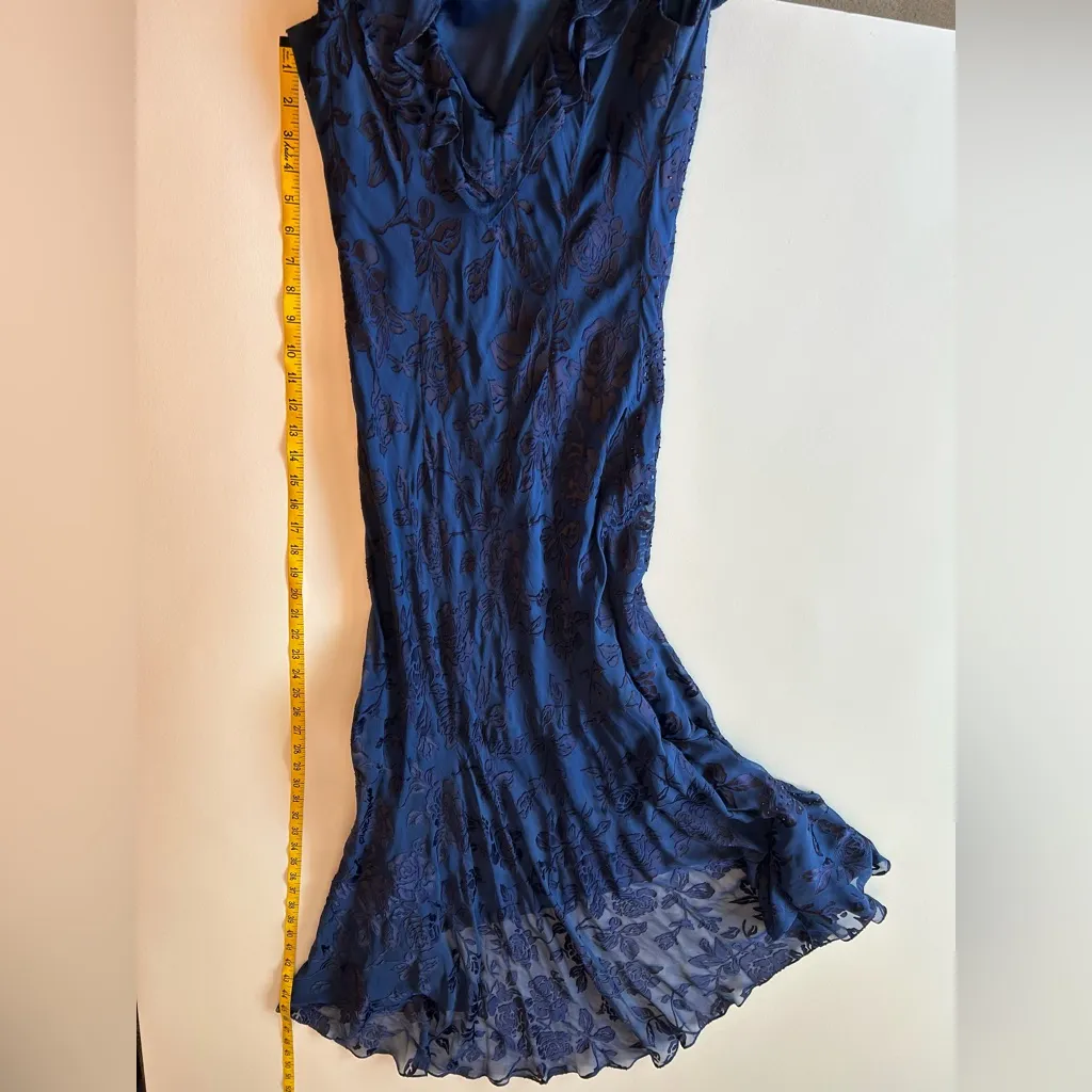 Vintage Alex Evenings blue sleeveless ruffle neckline deep V back High Low Dress - Image 16