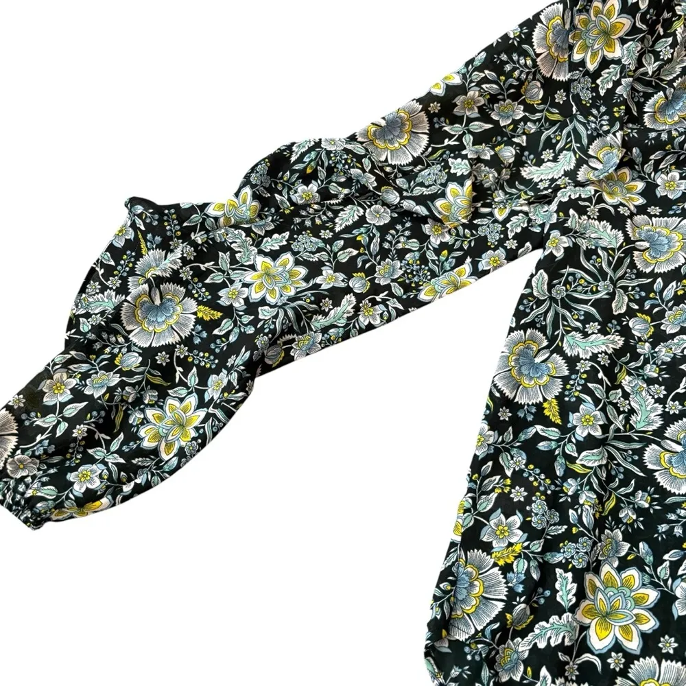 Loft xs ruffle blouse crewneck navy green paisley print floral black boho - Image 5