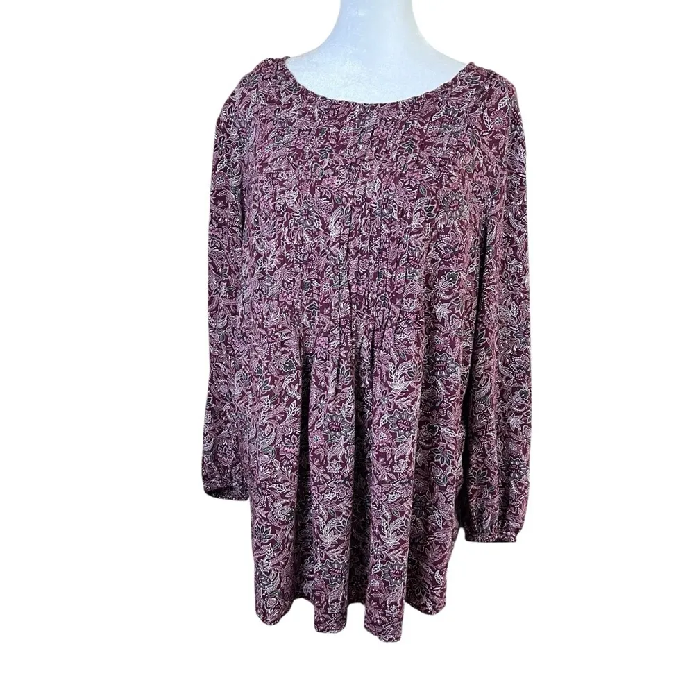 LANDS’ END Burgundy Floral Pleated Tunic Top Womens Boho Peasant Lagenlook Sz 1X - Image 3