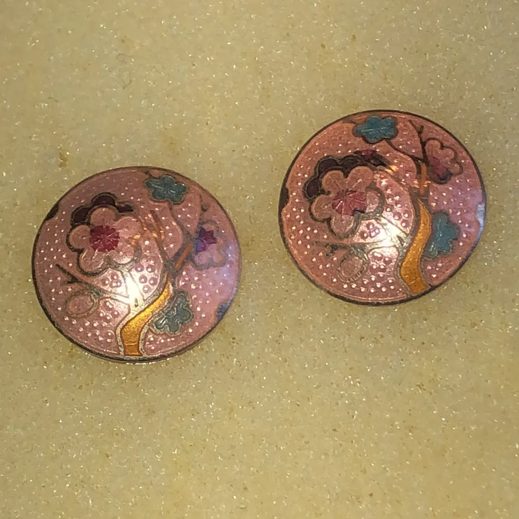 Floral Enamel Cloisonné Vintage Button Earrings Pink - Image 5