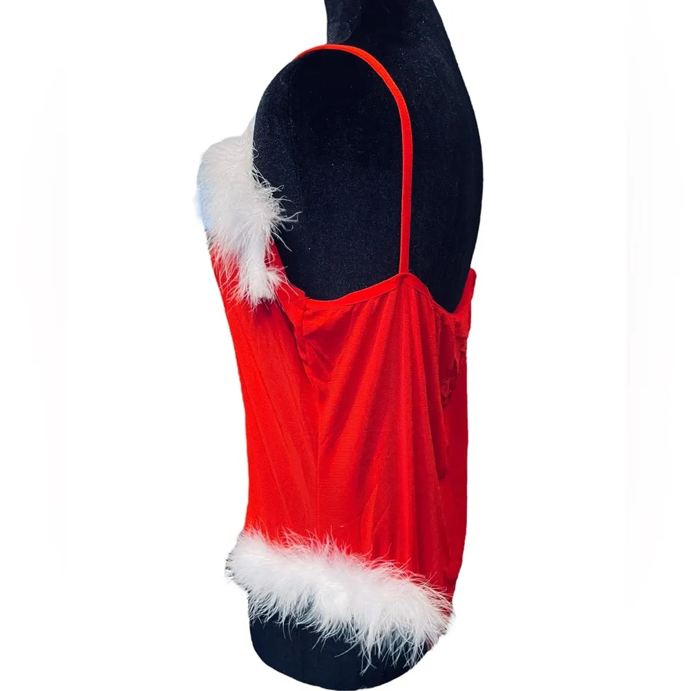 Christmas Santa Baby Holiday Stretch Sheer Mesh Feather Sexy Lingerie Bodysuit - Image 3