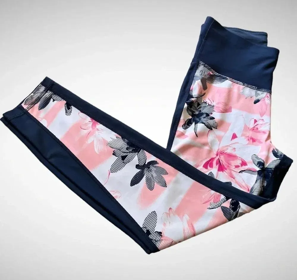 XERSION Navy Blue and Pink Floral Leggings‎ | Medium | EUC - Image 3