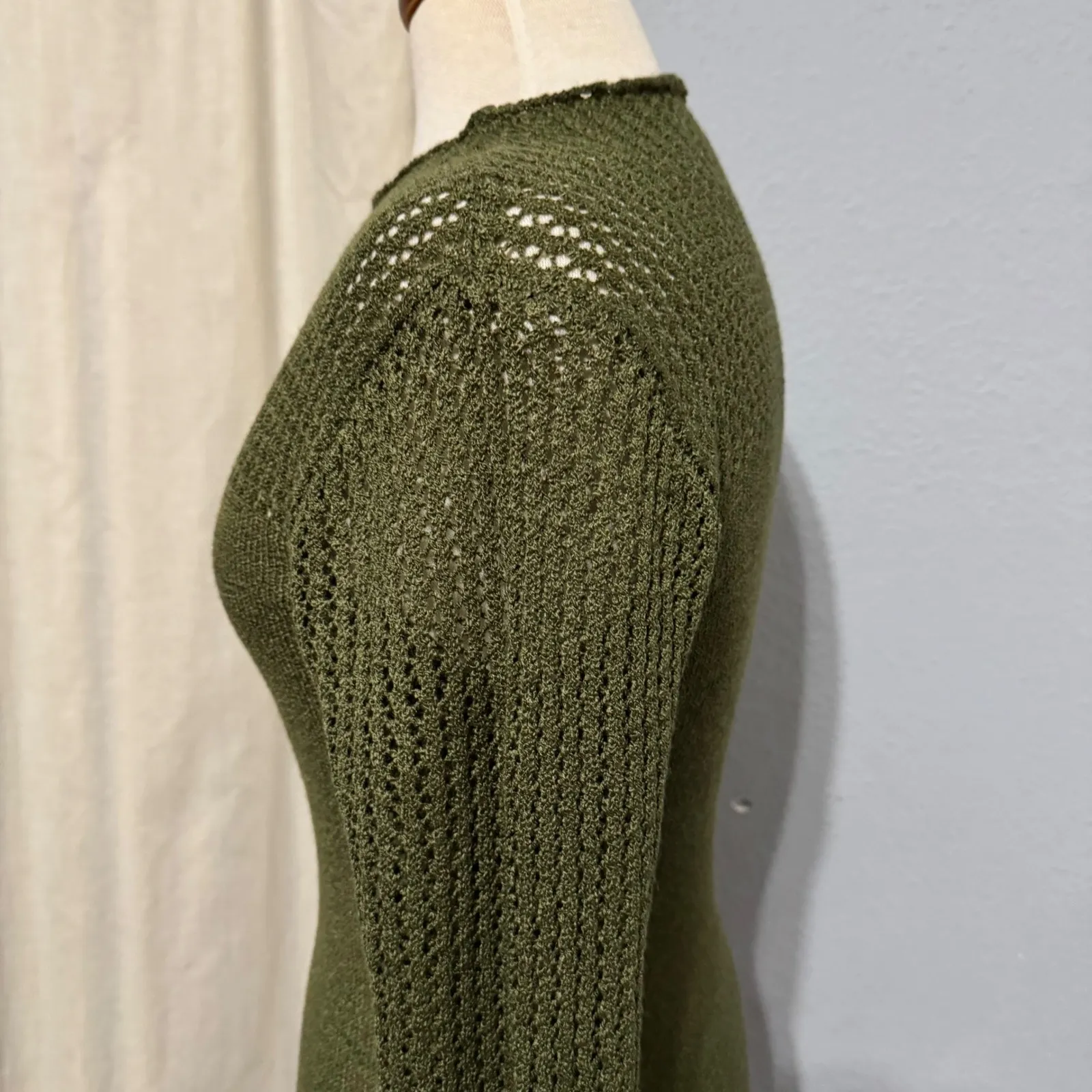 Almost Famous Y2K Olive Green Knit Midi Fairy Mesh Dress Long Sleeve SideSlit XL - Image 5