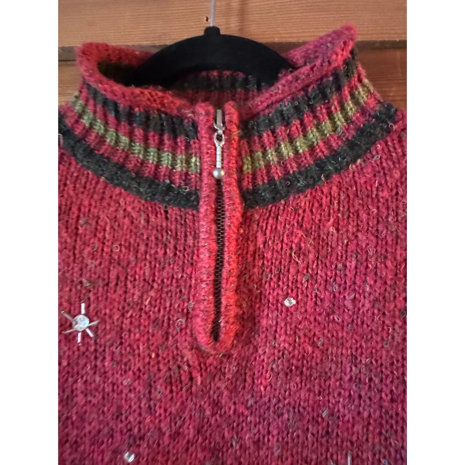 VTG Christmas Tree Knit Sweater Mock Neck Quarter Zip Festive Holiday Wool Blend Red Size L - Image 6