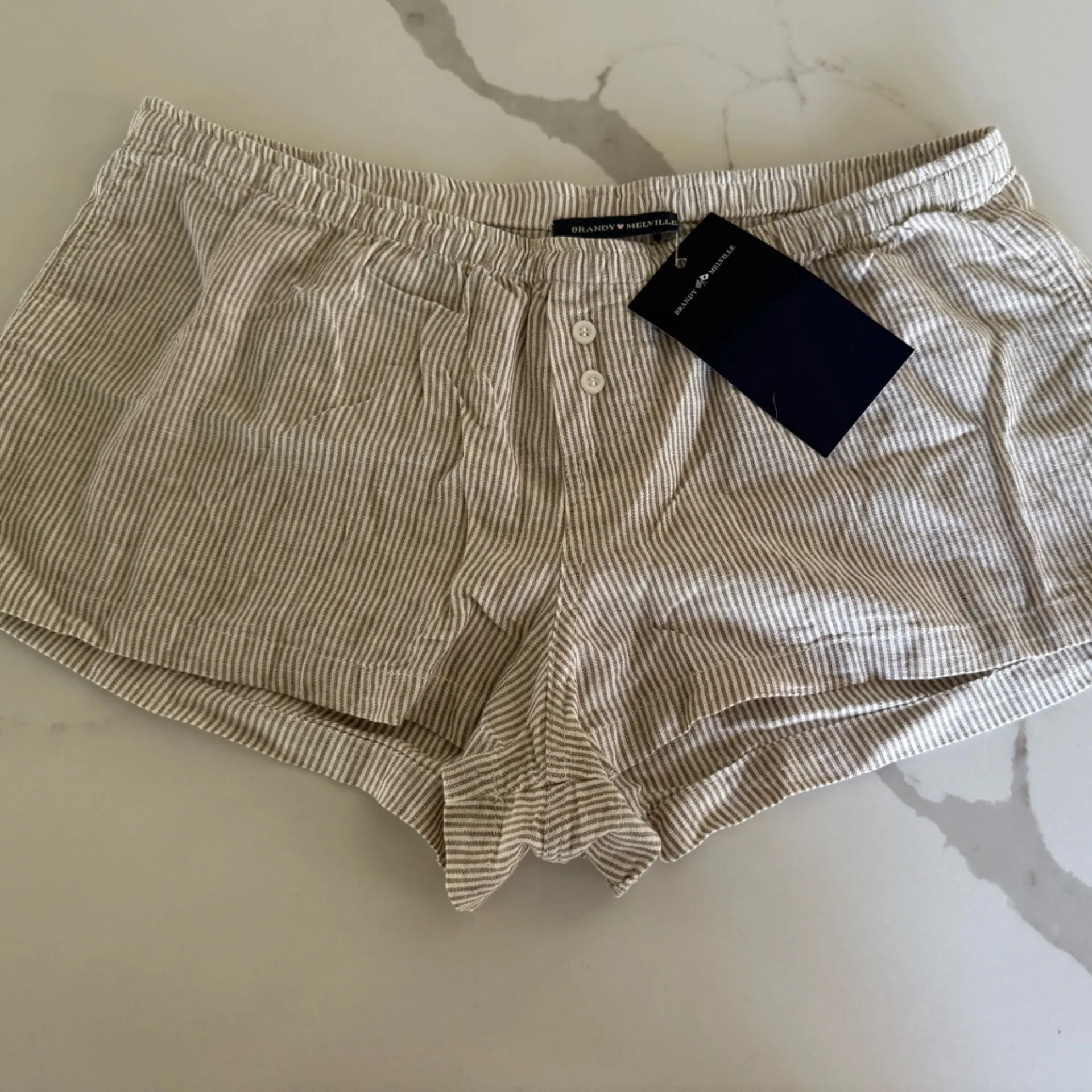 Brandy Melville Boxer Pj Shorts Striped Tan and White - Image 2
