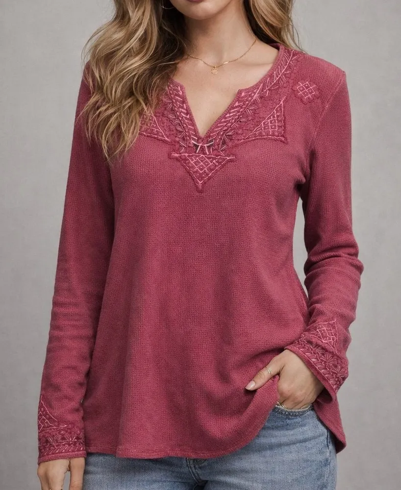 Soft Surroundings Pink Waffle Thermal Embroidered Boho Top PXS Coastal Hippie - Image 1