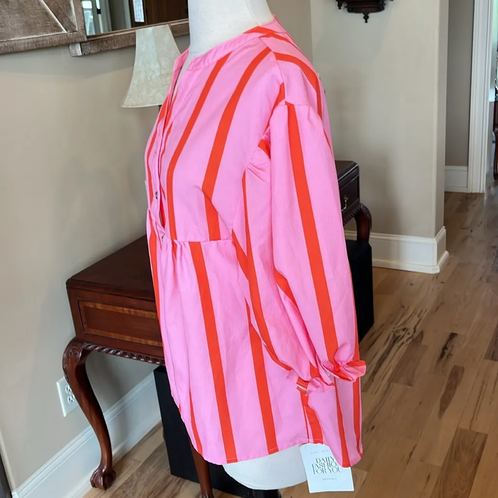 Colorful Fun Pink Orange Stripe Blouse New Poplin - Image 2