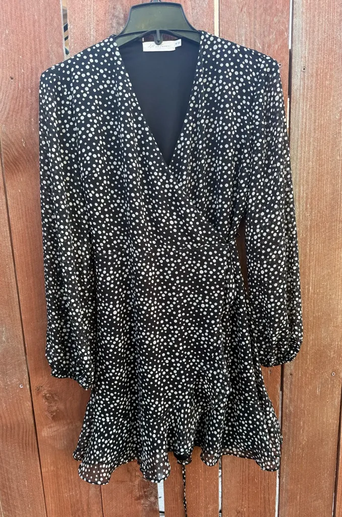 All in Favor Black and White Polka Dot Long Sleeve Mini Wrap Dress Size Medium - Image 1