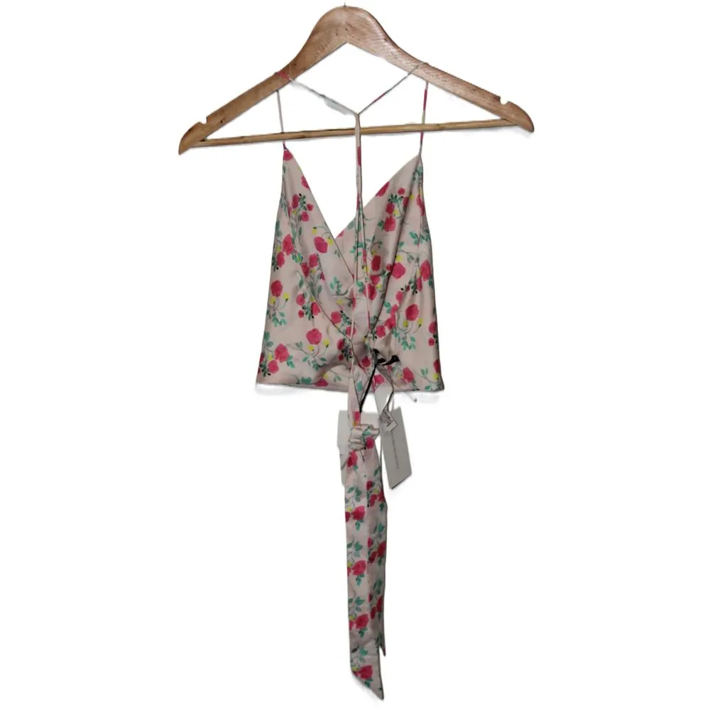 NWT Womens Zara Pink Floral Spaghetti Strap Back Tie Crop Top Halter Tank Size S - Image 2