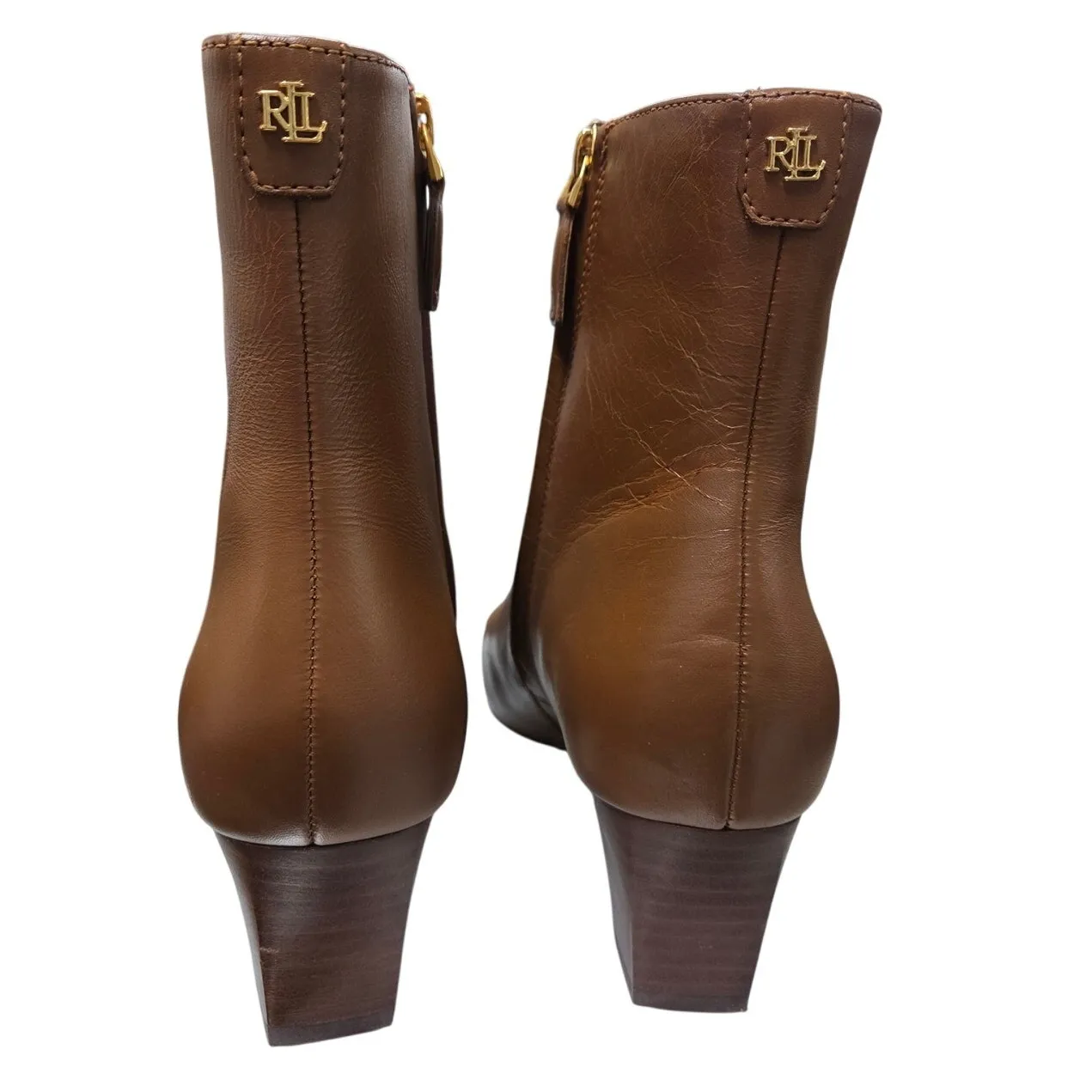 Lauren Ralph Lauren Willa Brown Leather Bootie — Wood Heel Zip Ankle 9 - Image 2