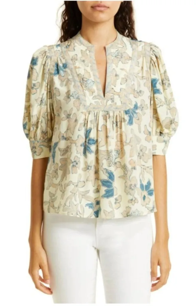 Ulla Johnson Desdra Blouse Womens 2 Cream Silk V-Neck Ruffle Puff Sleeve Floral - Image 1