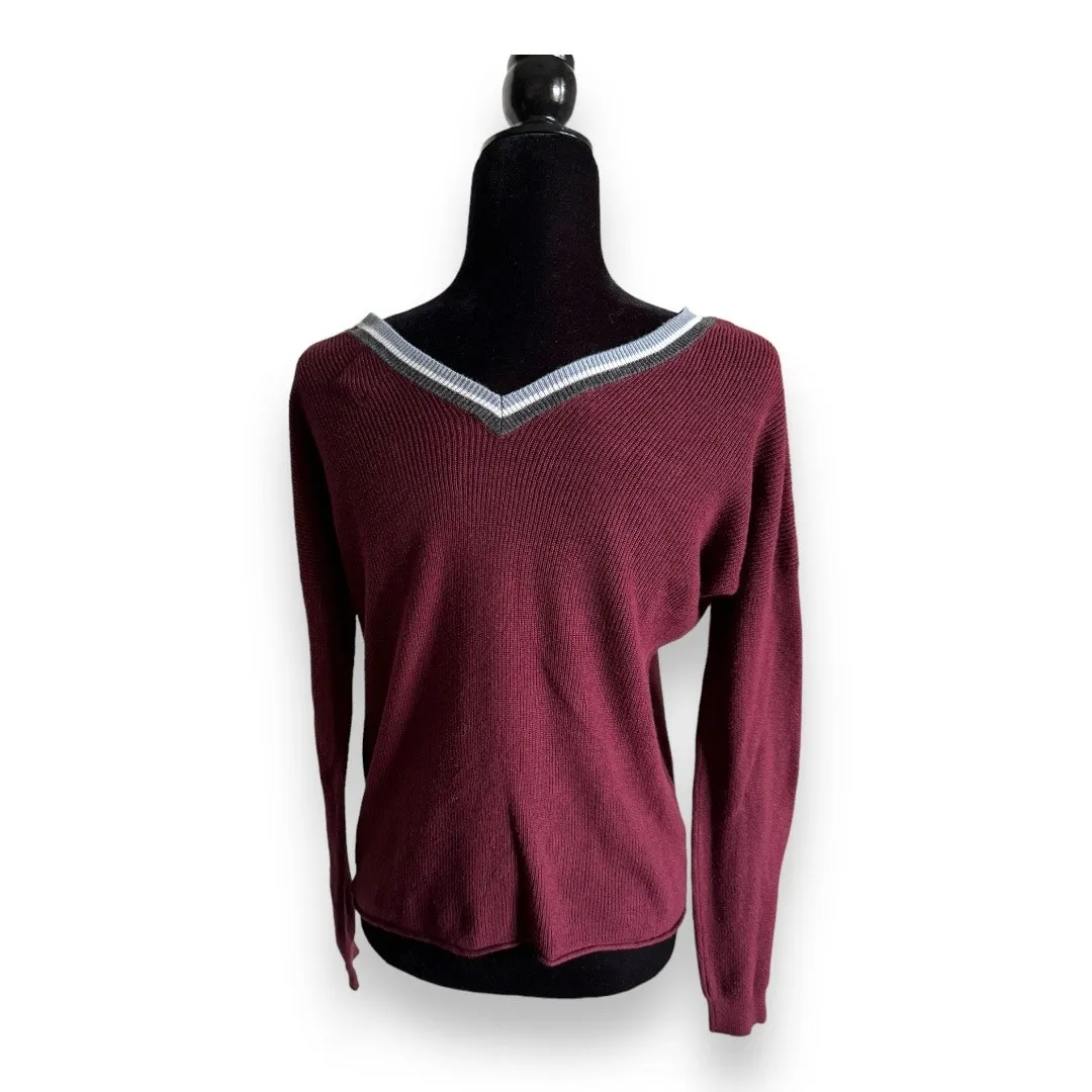 5/$65   Hippie Rose Womens Sweater Sz L‎ Burgundy Gray White Trim Pocket V-Neck - Image 5