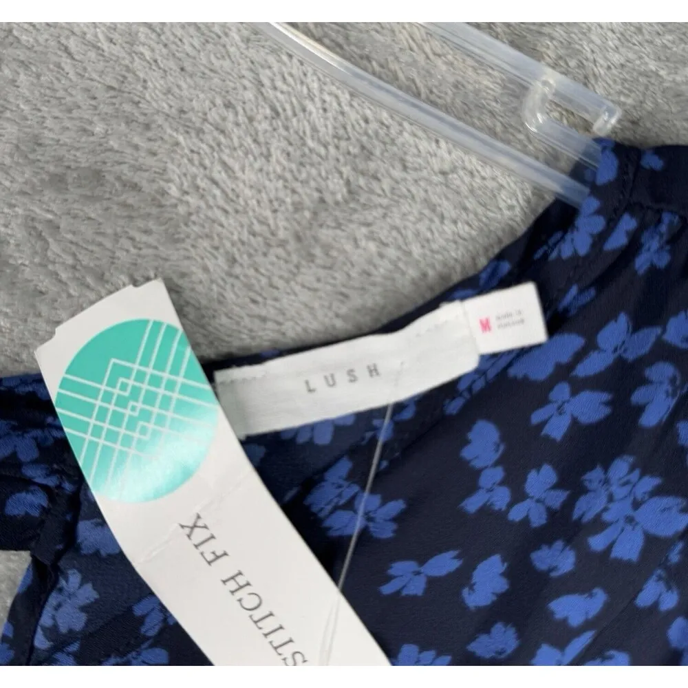 Lush Shirt Medium Blue Micro Floral Flower Michelle Tie Back Blouse Boho Peasant - Image 6