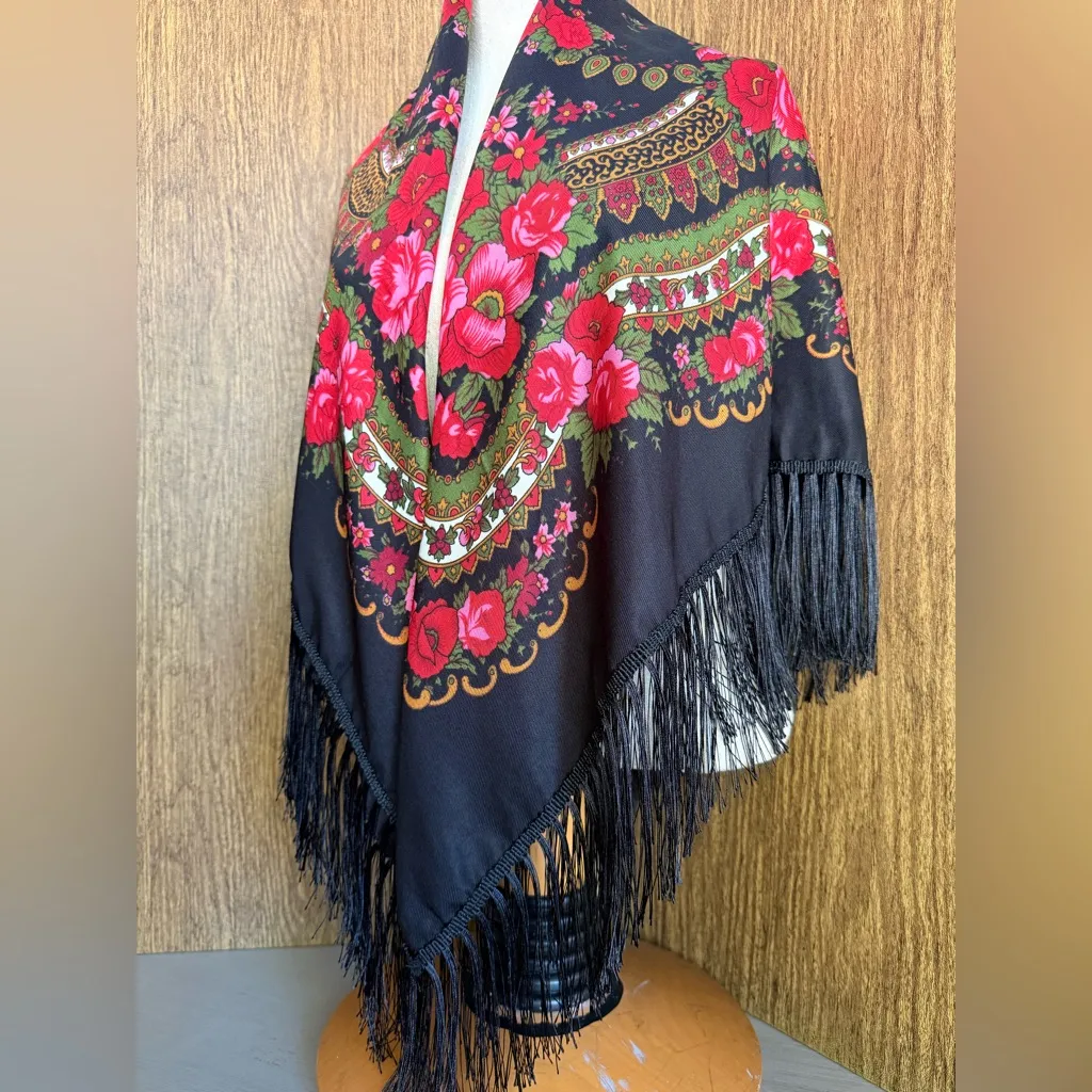 Vintage 90s Russian Folk Style Floral Fringe Shawl Black Red Rose Viscose Wrap - Image 3