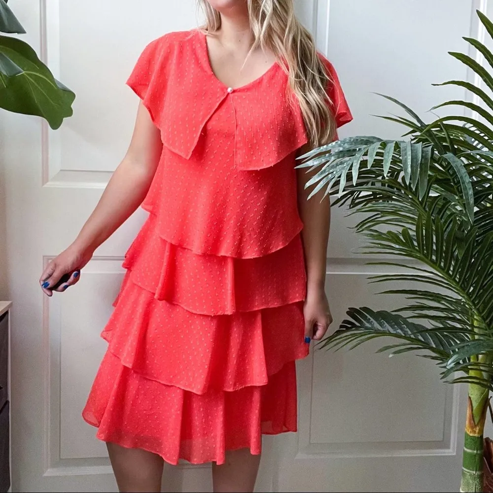 Leslie Fay Orange Tiered Ruffle Dress Knee Length Size 10 - Image 2