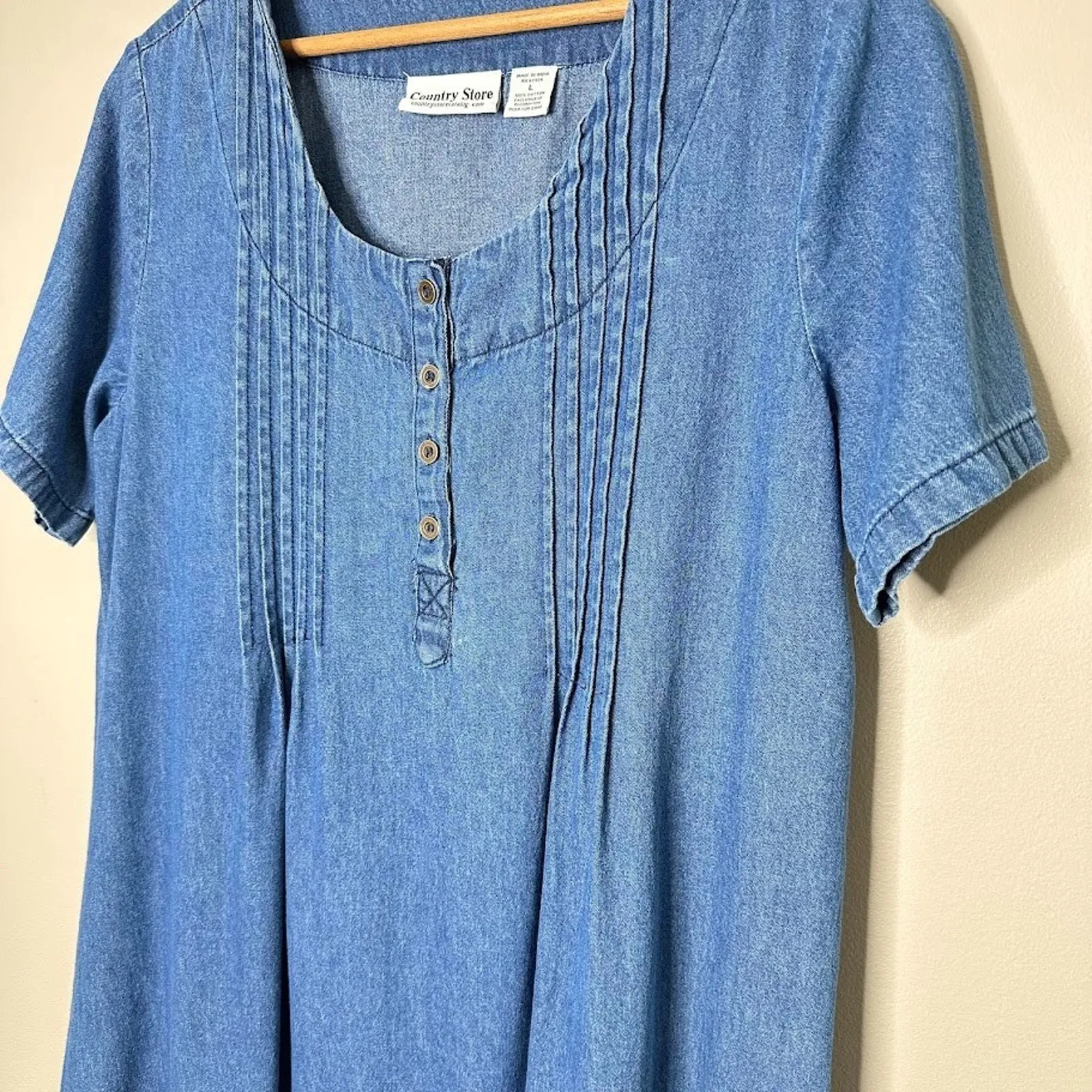 Country Store Women Denim House Dress Large Midi Mature Cottage Boho Feminine Blue - Image 2